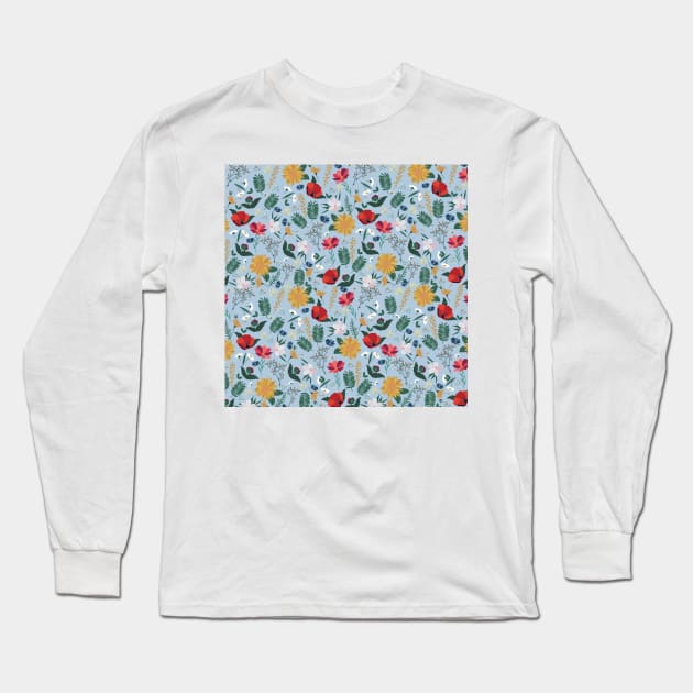 Pretty Colorful Wild Floral Light Blue Design Long Sleeve T-Shirt by NdesignTrend